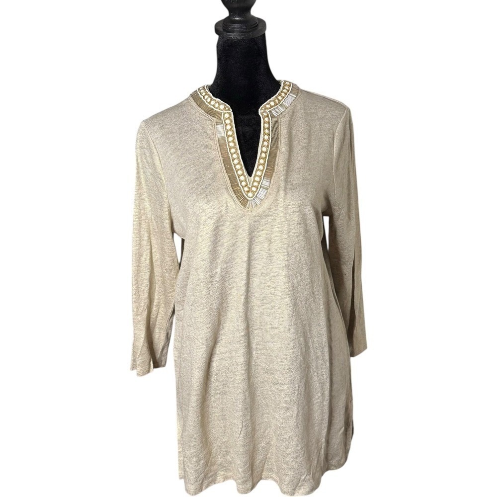 Chico's Linen Slub Knit Metallic Gold Tunic Top Women's S 3/4 Sleeve V Neck